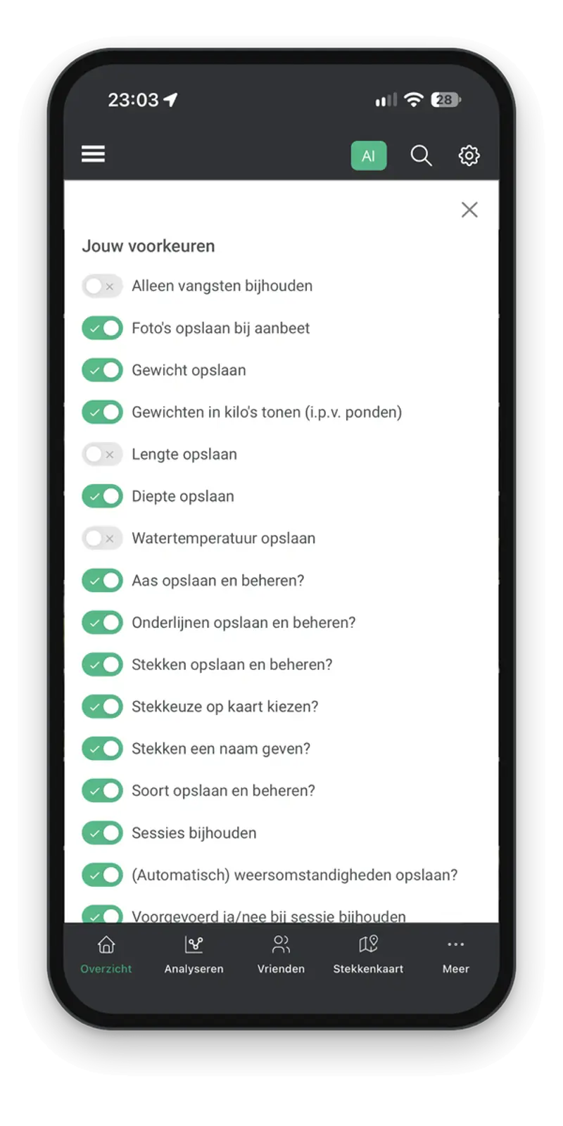 BeetTracker voorkeuren in de app